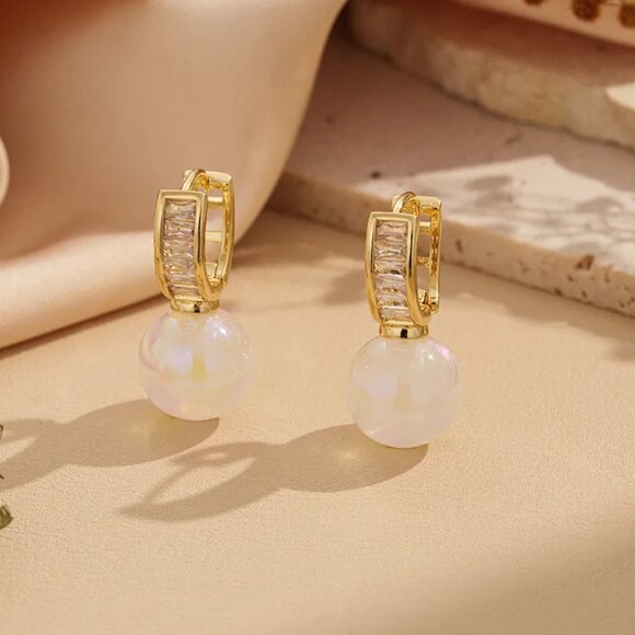 3/$35 Gold Tone Copper Pearl Drop Huggie Earrings CZCubic Zirconia Accents - Picture 7 of 9
